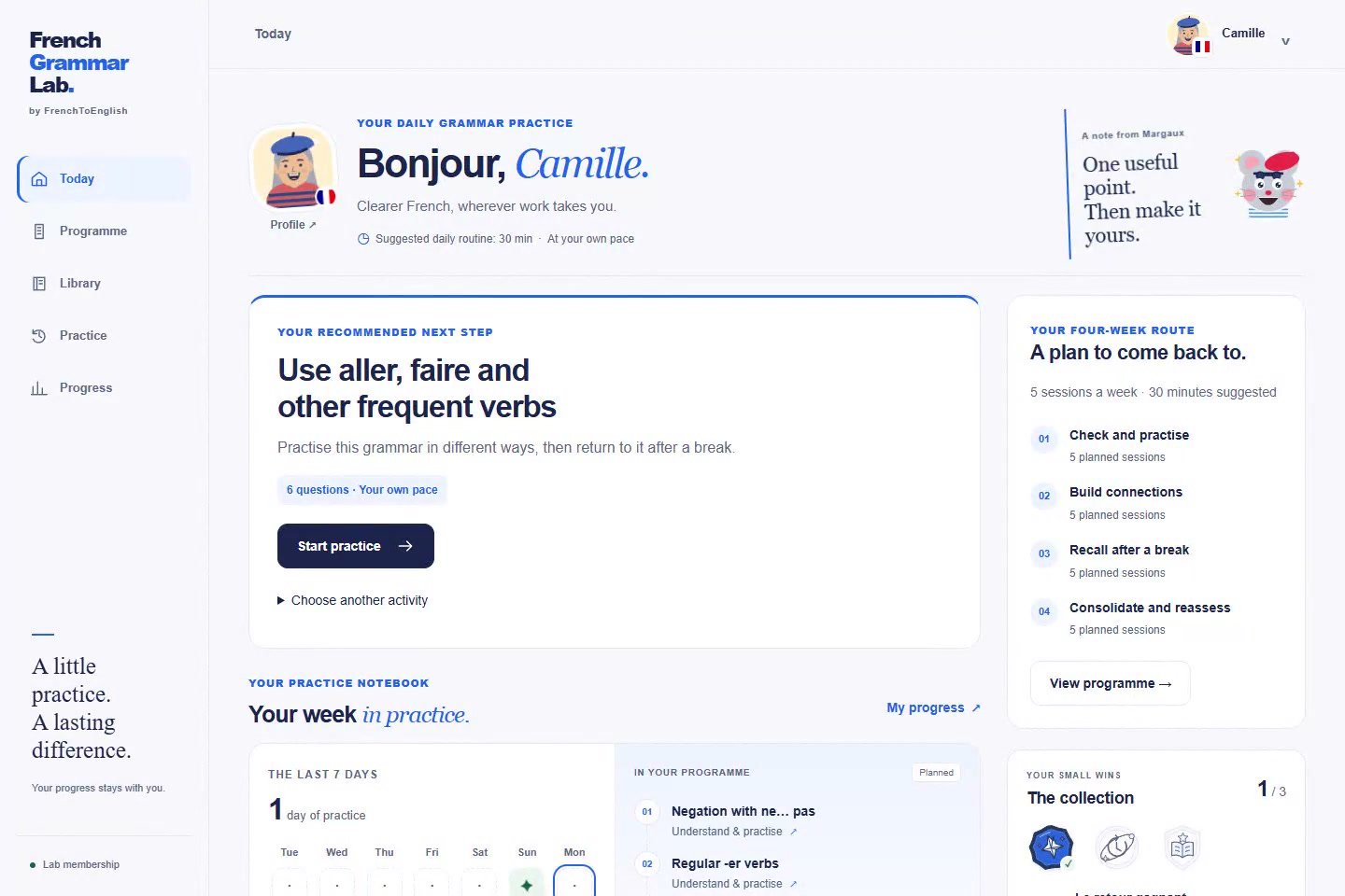 French Grammar Lab, with a grammar programme, guided practice and a personal avatar.
